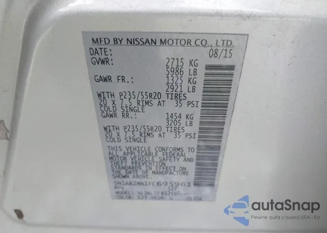 2015 Nissan Pathfinder Platinum z USA, uszkodzony, nr VIN 5N1AR2MN1FC695961